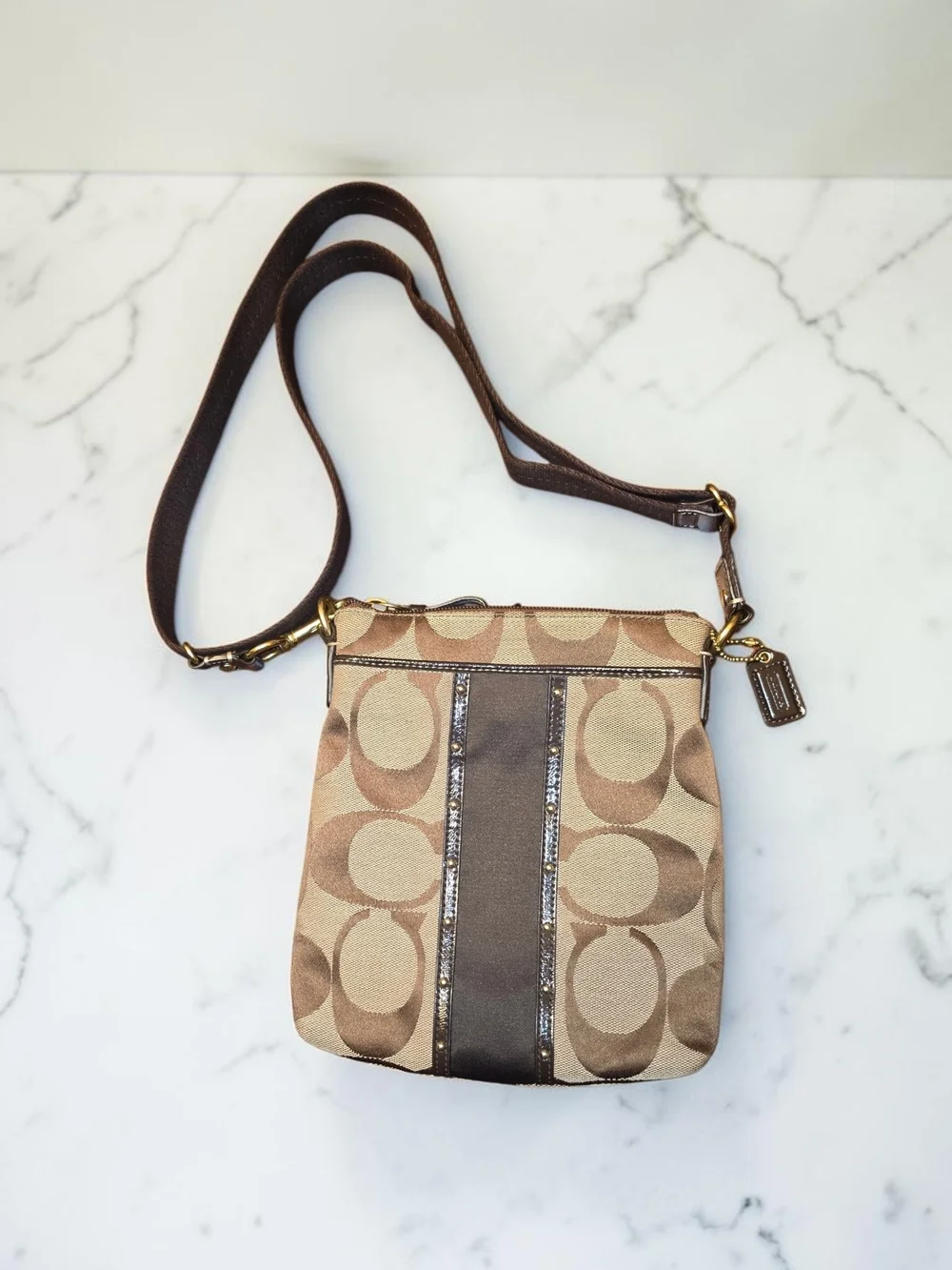 Coach Signature Studded Sateen Stripe Swingpack Crossbody